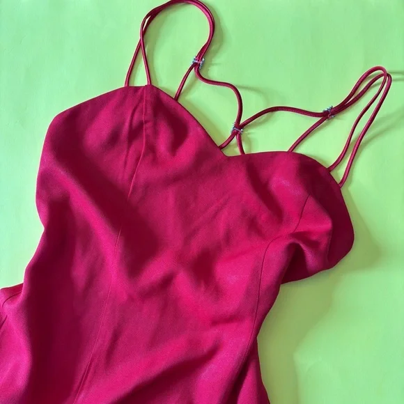 Vintage Solid  Red Sleeveless Full Length Strappy Rhinestone Formal Dress - Picture 10 of 11